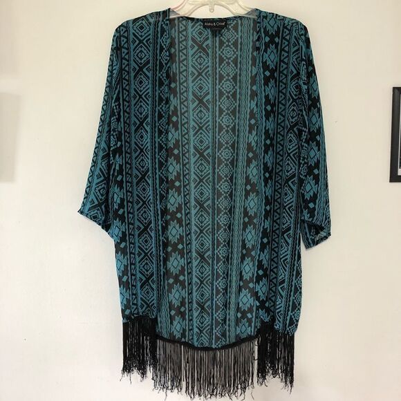 Alisha & Chloe blue/black sheer cardigan w fringes - Picture 1 of 4